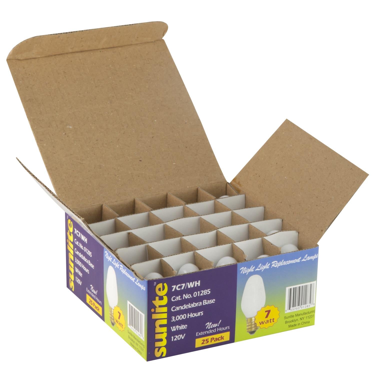 25 Pack Sunlite 7 Watt C7 Night Light, Candelabra Base, White - Cheap-Us
