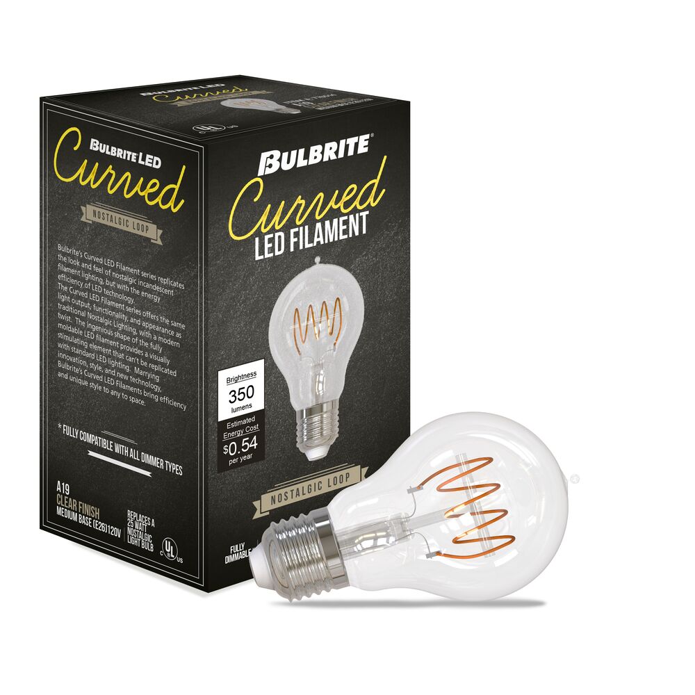Bulbrite LED Curved Filament Pack of (4) 4.5 Watt Dimmable A19 Light Bulbs with Clear Finish and Medium (E26) Base - 2100K (Warm Amber Light), 350 Lumens - Cheap-Us