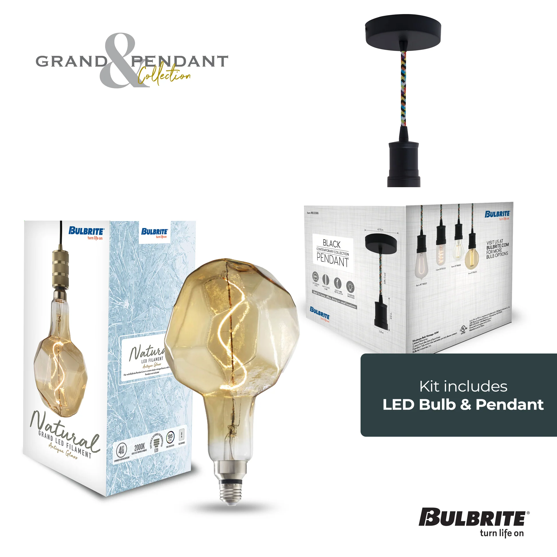 Bulbrite LED Grand Bulb and Pendant Kit of (1) 4 Watt Antique Glass 12