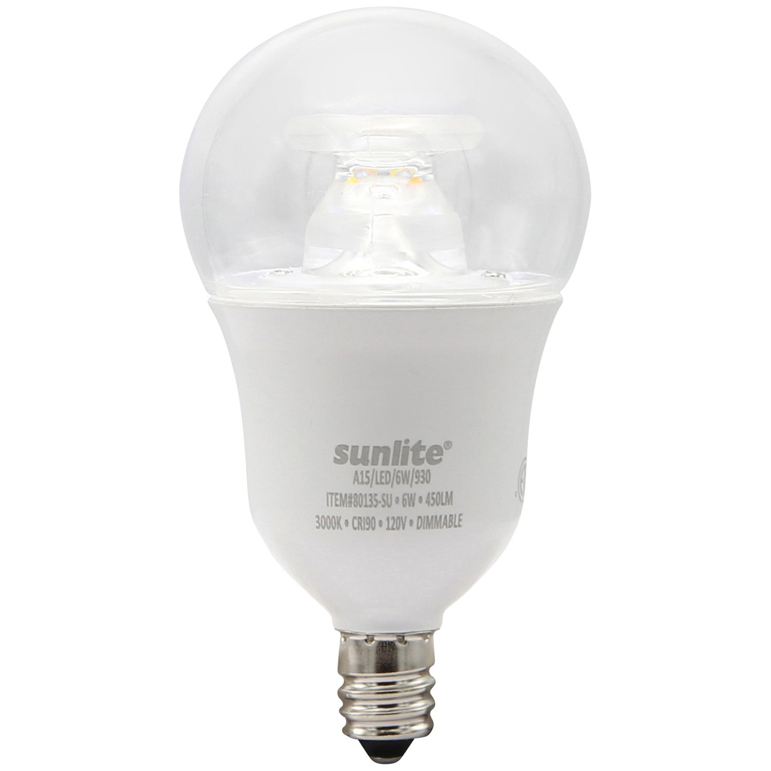 Sunlite LED A15 Appliance Clear Light Bulb, 6 Watts (40W Equivalent), 450 Lumens, Candelabra Base (E12), 90 CRI, Dimmable, ETL Listed, Ceiling Fan, 3000K Warm White, 6 Count - Cheap-Us