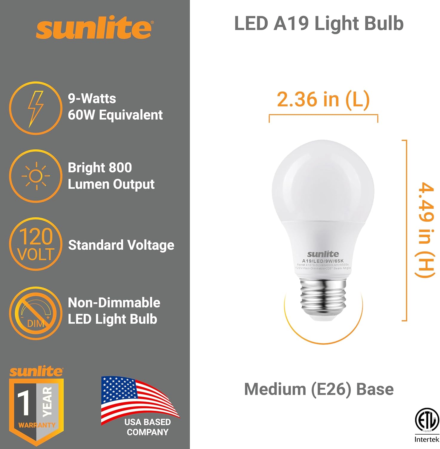 Sunlite A19 Standard LED Light Bulb, 9 Watts (60W Equivalent), 800 Lumens, Bulk 48 Pack, 120 Volts, Non-Dimmable, Medium E26 Base, RoHS, ETL Listed, 6500K Daylight - Cheap-Us