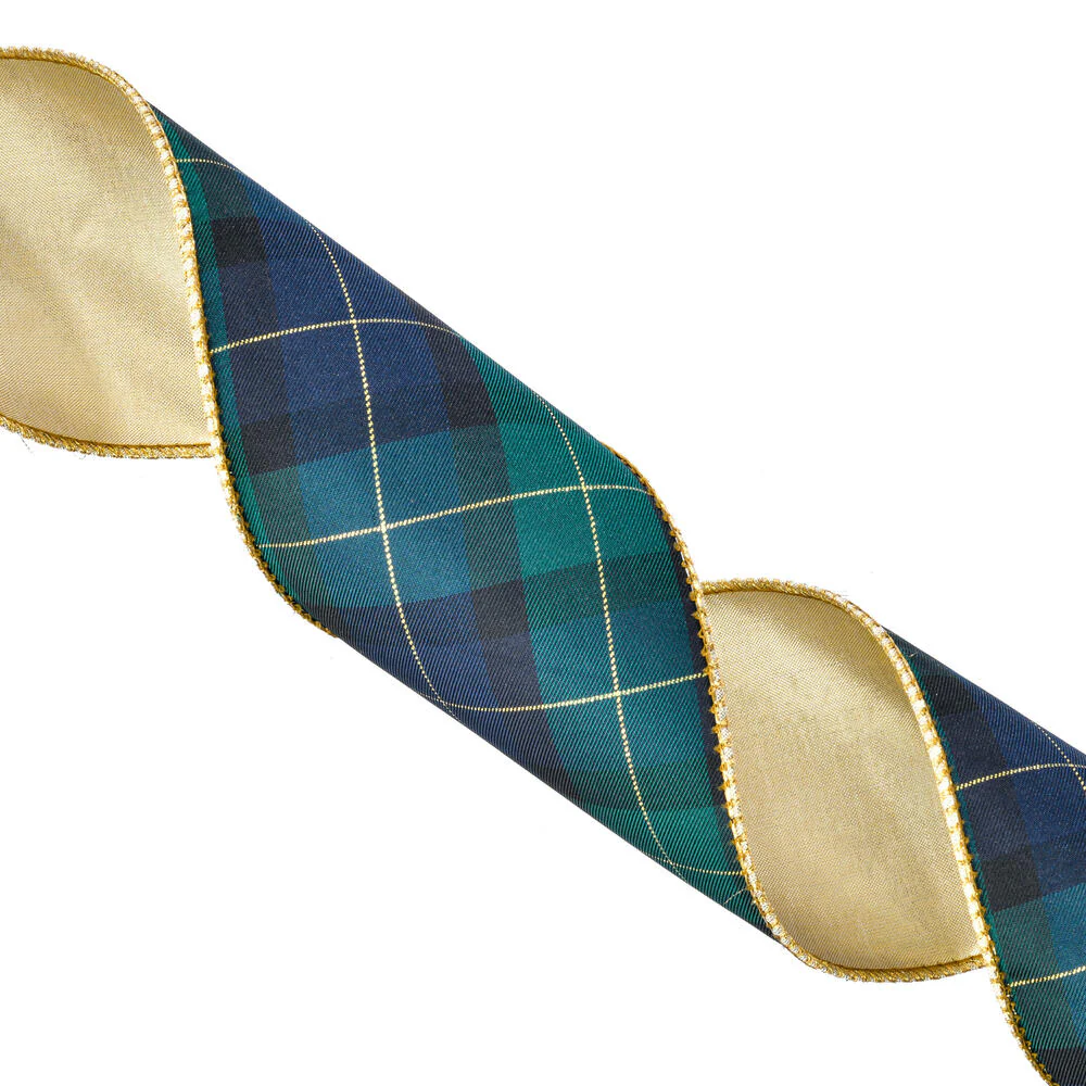 Vickerman 4 x 10 Yards Green Plaid Checks Double Fused Metallic Dupioni Ribbon. - Cheap-Us