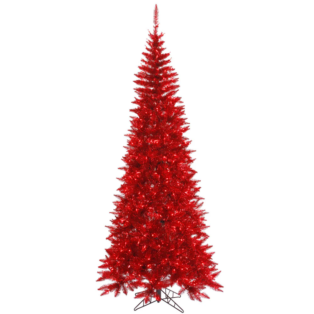 Vickerman 10' Tinsel Red Fir Slim Artificial Christmas Tree Red Dura-lit LED Lights - Cheap-Us