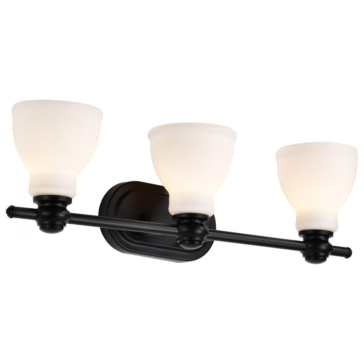 60-8023 RUSSEL 3 LIGHT VANITY Russel; 3 Light Vanity; Matte Black with Satin White Glass - Cheap-Us