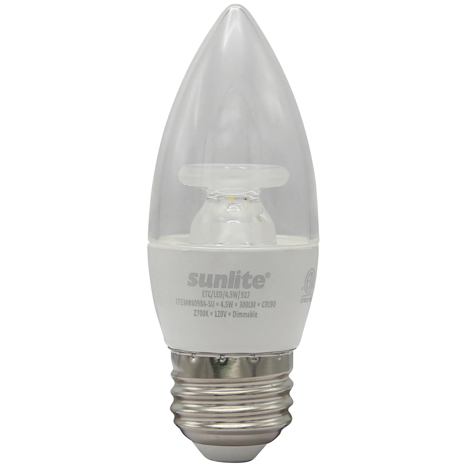 Sunlite LED B11 Clear Chandelier Light Bulb, 4.5 Watts (40W=), 300 Lumens, 120 Volts, Dimmable, Medium E26 Base, Energy Star, 90 CRI, ETL Listed, Torpedo Tip, 2700K Warm White, 6 Pack - Cheap-Us