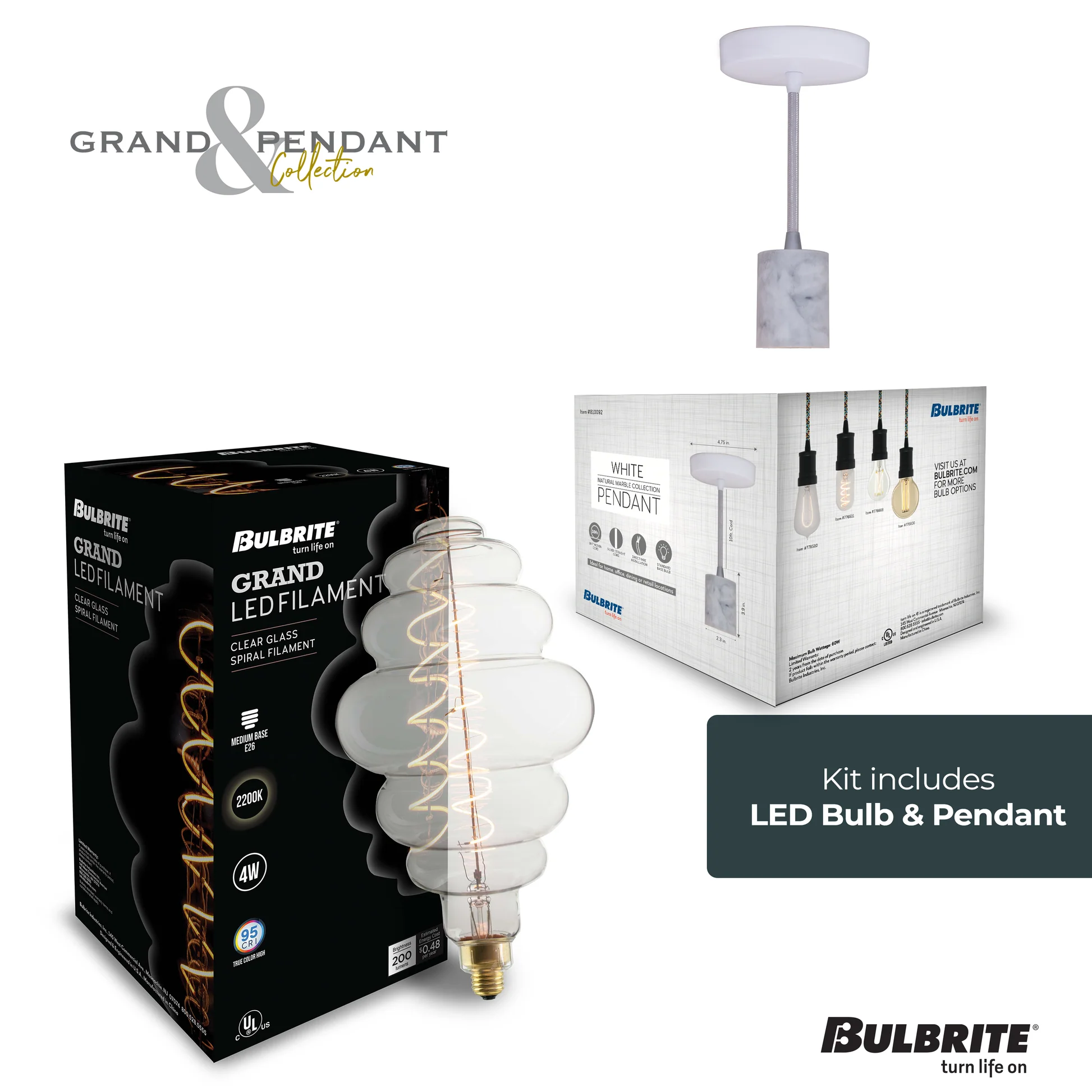 Bulbrite LED Grand Bulb and Pendant Kit of (1) 4 Watt Clear Glass 15
