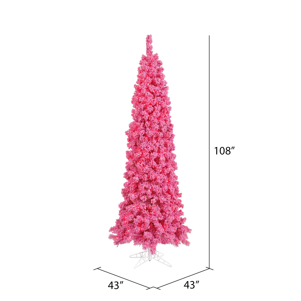 Vickerman 9' Flocked Pink Pencil Fir Artificial Christmas Tree Pink Dura-lit LED Lights - Cheap-Us