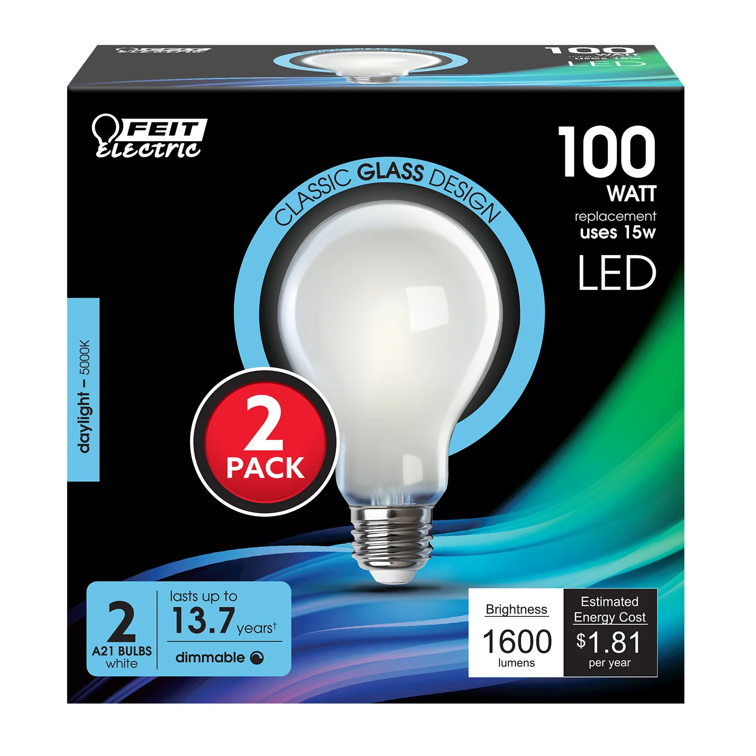 100 Watt Equivalent Daylight Glass Filament Dimmable A21 LED - Cheap-Us