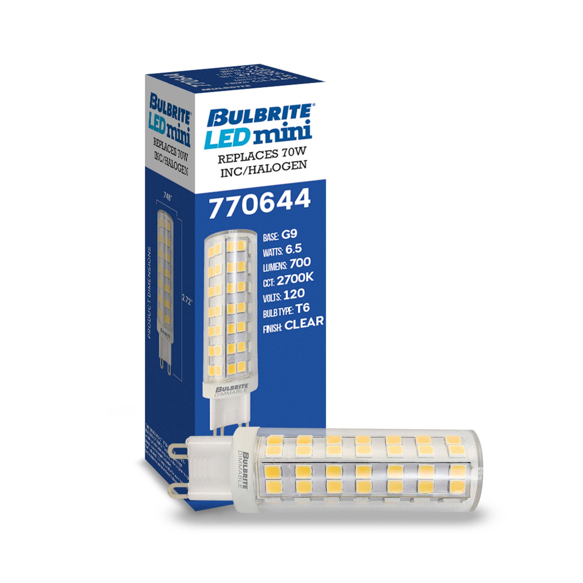 Bulbrite Pack of (2) 6.5 Watt 120V Dimmable Clear T6 LED Mini Light Bulbs with Bi-Pin (G9) Base, 2700K Warm White Light, 700 Lumens - Cheap-Us