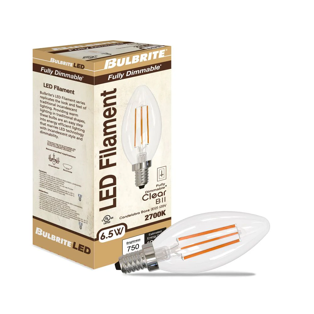 Bulbrite LED Filament Pack of (4) 6.5 Watt Dimmable B11 Light Bulbs with a Clear Finish and Medium (E26) Base - 2700K (Warm White Light), 750 Lumens - Cheap-Us