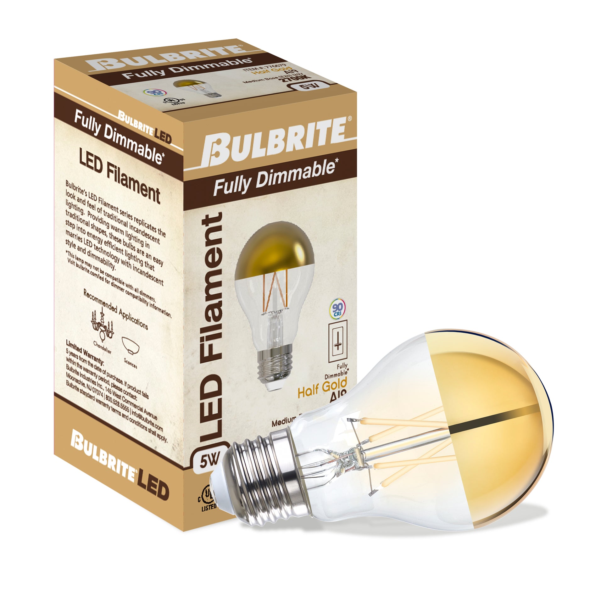 BULBRITE 5W LED A19 2700K FILAMENT HALF GOLD E26 FULLY COMPATIBLE DIMMING-4PK - Cheap-Us
