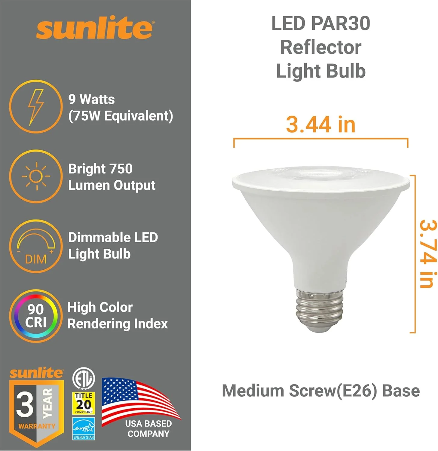 Sunlite 41864 LED PAR30 Reflector Light Bulb, 9 Watts (75W=), 750 Lumens, Medium E26 Base, 90 CRI, Dimmable, Floodlight, Energy Star Certified, ETL Listed, Title-20 Compliant, 24 Pack, 30K-Warm White - Cheap-Us