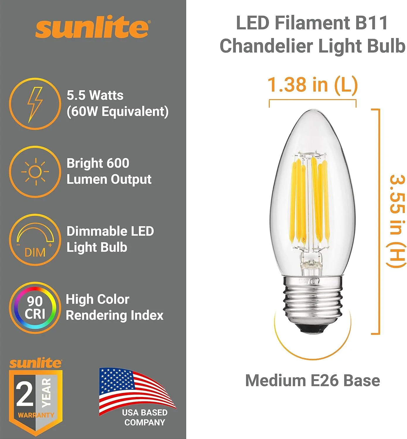 Sunlite LED Filament B11 Torpedo Chandelier Light Bulb, 5.5 Watts (60W Equivalent), 600 Lumens, Medium E26 Base, Dimmable, Edison Style, 90 CRI, UL Listed, 2700K Soft White, 6 Pack - Cheap-Us