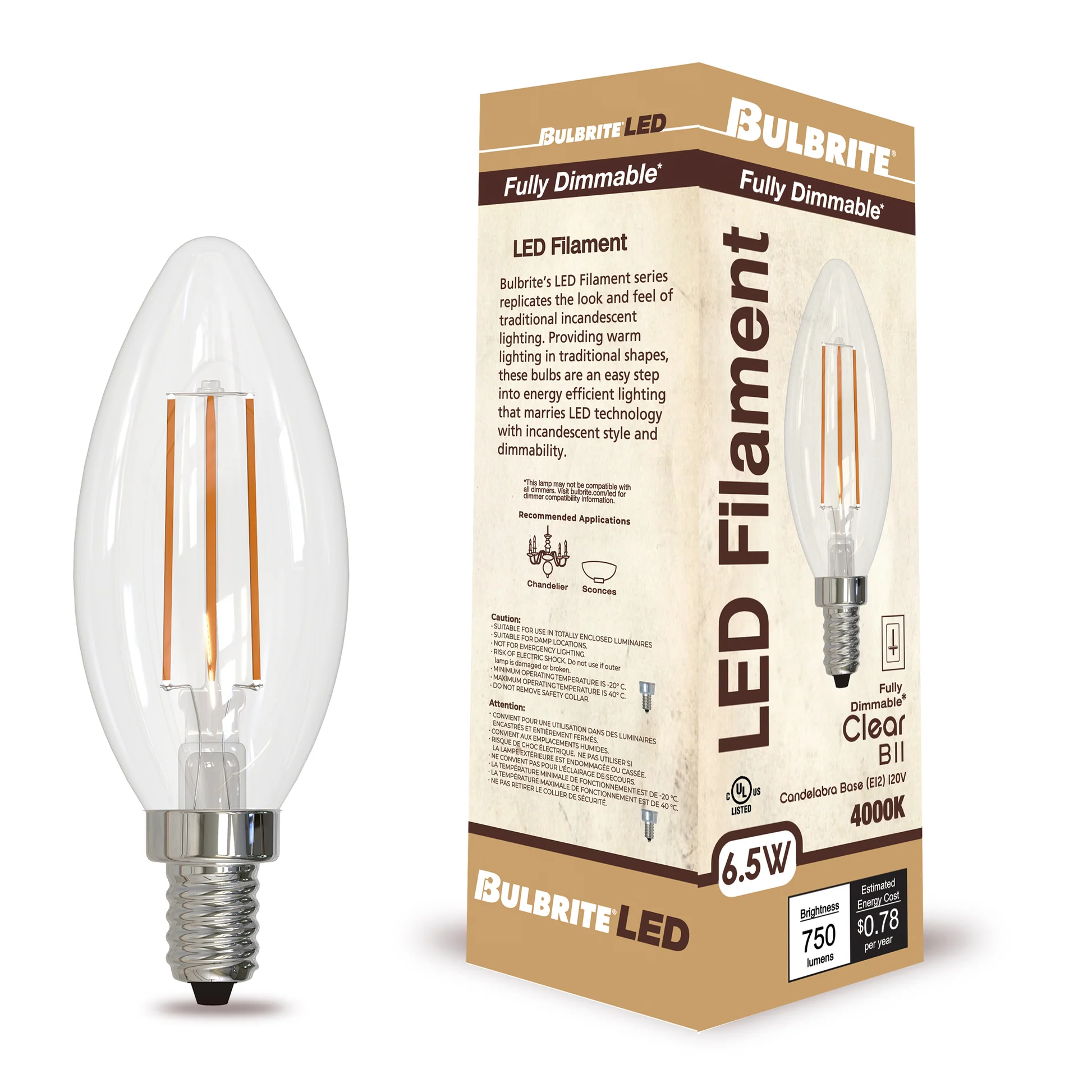 Bulbrite 6.5W LED LIGHT BULB B11 4000K FILAMENT E12 CANDELABRA BASE, CLEAR FINISH, DIMMABLE, 4PK - Cheap-Us