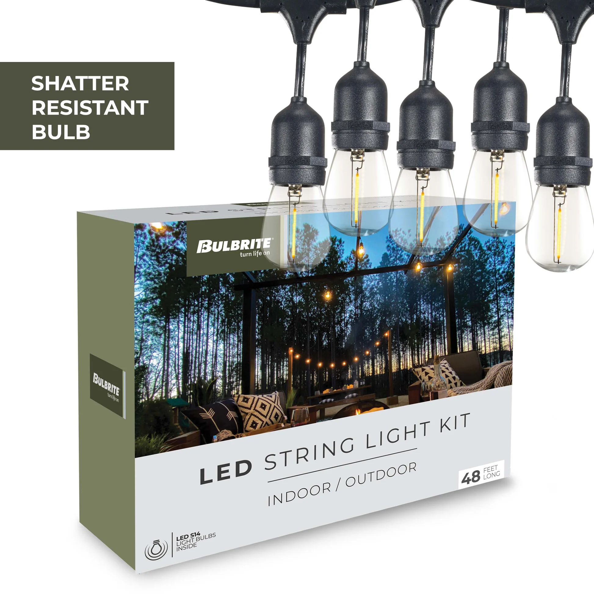 Bulbrite 48-foot String Light Kit with Clear Shatter Resistant Vintage Style S14 LED Light Bulbs - Cheap-Us
