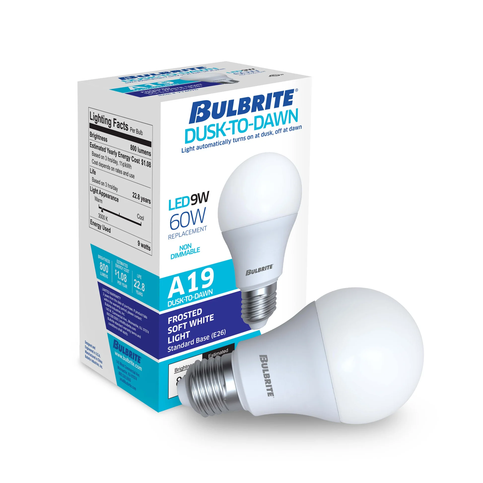 Bulbrite Dusk to Dawn Pack of (4) 9 Watt A19 LED Light Bulb with Frosted Glass Finish and Medium (E26) Base - 3000K (Soft White Light), 800 Lumens - Cheap-Us