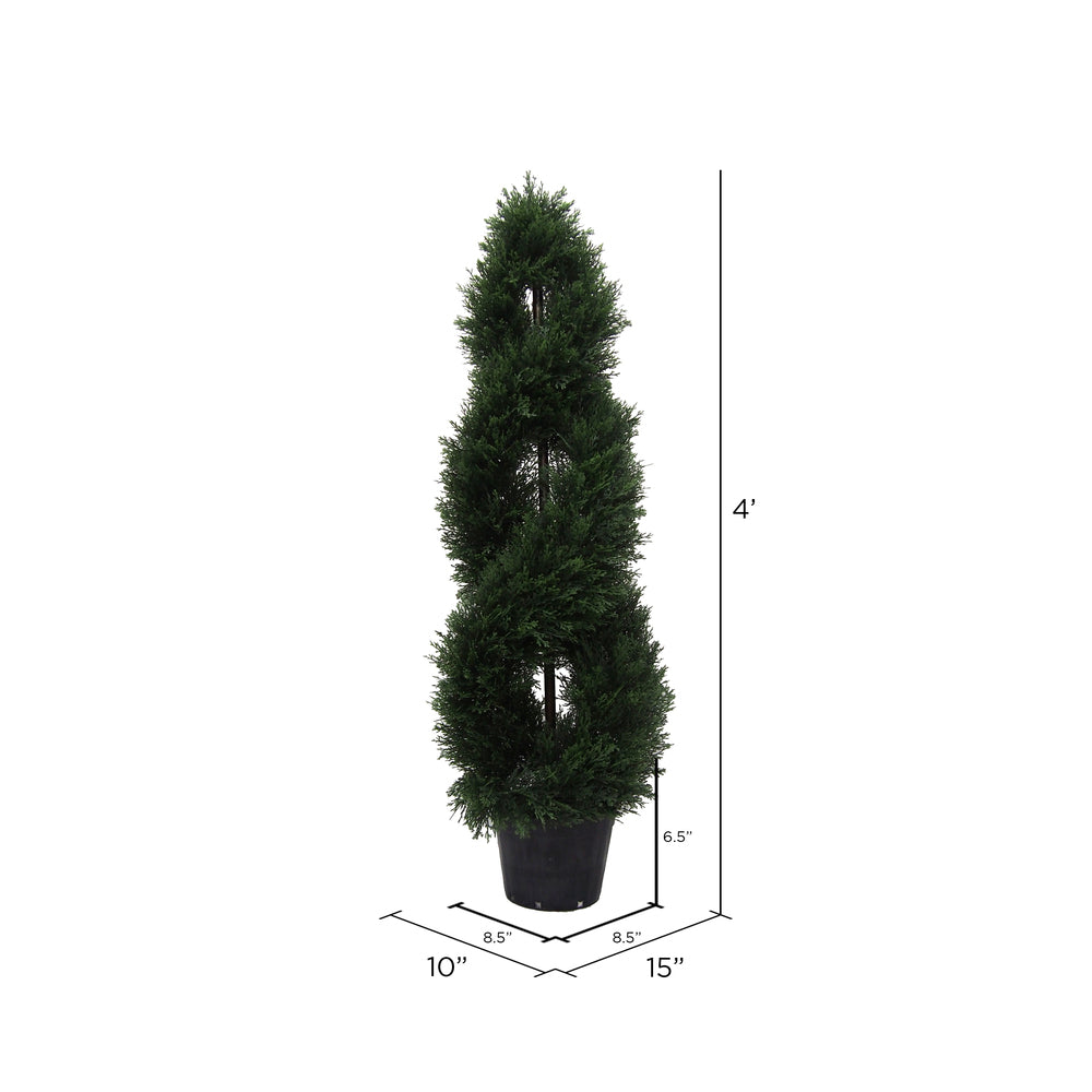 Vickerman 4' Artificial Green Cedar Double Spiral Topiary Black Plastic Pot. - Cheap-Us