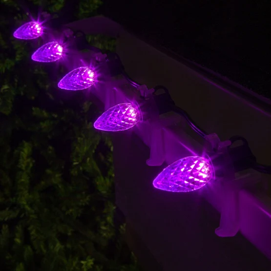 25 Light LED C7 Light Set Purple Bulbs on Green Wire, Approx. 16'6