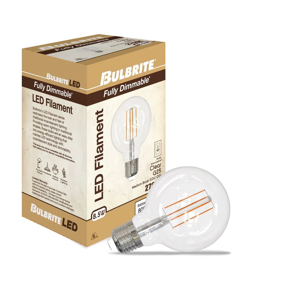 Bulbrite LED Filament Pack of (4) 8.5 Watt Dimmable G25 Light Bulb with a Clear Finish and Medium (E26) Base - 2700K (Warm White Light), 800 Lumens - Cheap-Us