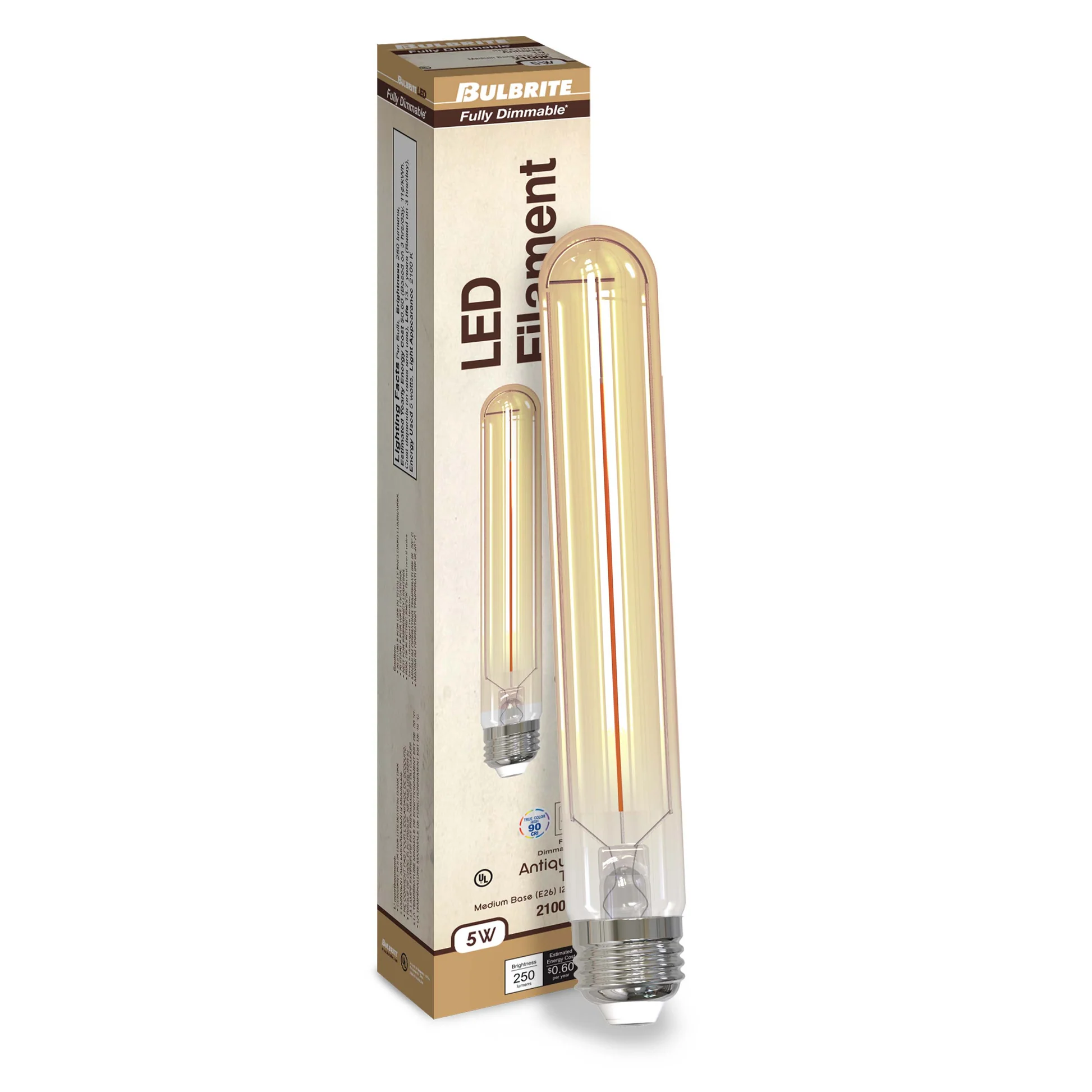 Bulbrite LED Filament Pack of (4) 5 Watt Dimmable 7.5 Inch T9 Light Bulb with Antique Glass Finish and Medium (E26) Base - 2100K (Amber Light), 250 Lumens - Cheap-Us