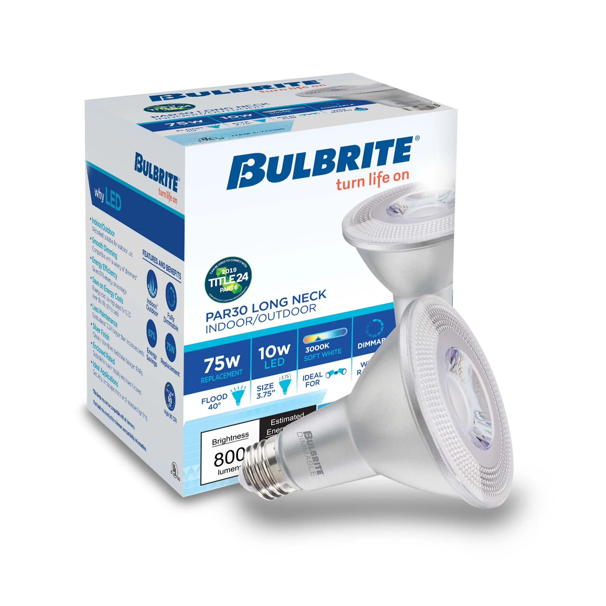 Bulbrite Pack of (6) 10 Watt Dimmable Flood PAR30LN Medium (E26) LED Bulb - 800 Lumens, 3000K, and 90 CRI - Cheap-Us