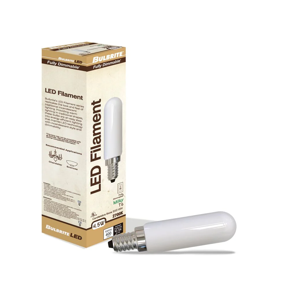 Bulbrite LED Filament Pack of (4) 4.5 Watt Dimmable T6 Light Bulbs with a Milky Finish and Candelabra (E12) Base - 2700K (Warm White Light), 400 Lumens - Cheap-Us