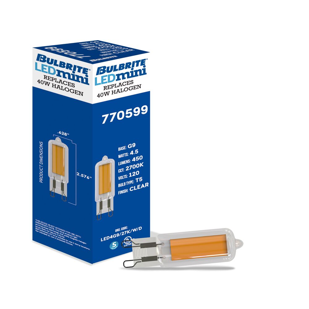 Bulbrite LED Filament Pack of (4) 4.5 Watt Mini T5 Light Bulbs with Clear Finish and Bi-Pin (G9) Base - 2700K (Warm White Light), 450 Lumens - Cheap-Us