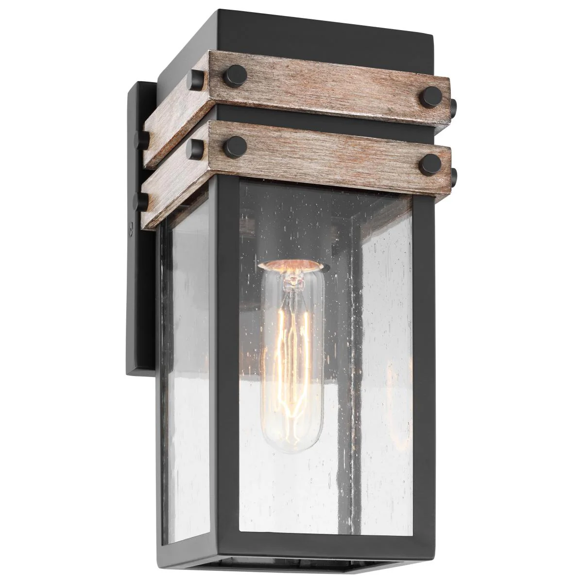 60-7540 HOMESTEAD 1 LT SM WALL LANTERN Homestead; 1 Light; Small Wall Lantern; Matte Black & Wood Finish with Clear Seeded Glass - Cheap-Us