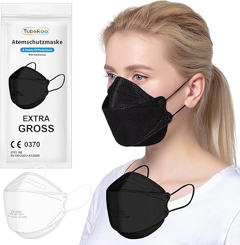 TubeRoo FFP2 Maske großer Kopf Schwarz Fischform 5 Stück Masken, CE zertifiziert Versand aus Deutschland weiche Ohrschlaufen Bänder Atemschutzmaske - Cheap-Us