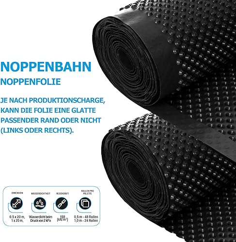 Noppenbahn Hochbeetfolie Drainage Mauerschutz Dichtungsbahn Grundmauerschutz Noppenfolie 1,0 m x 20 m - 20 m² - Cheap-Us