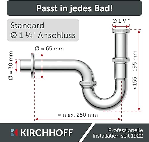KIRCHHOFF 98801110 Röhrensiphon Siphon, Abfluss, Ablaufgarnitur für Waschbecken und Waschtisch, Geruchsverschluss, Abflussrohr, 1 Stück - Cheap-Us