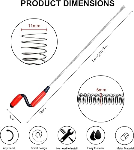 Rohrreinigungsspirale 5m x 9mm Abflussreiniger mit Bohrspitze Rohrreinigungswelle Abflussspirale Flexible Rohrreinigungsspirale Abflussschlange Rohrreiniger für Waschbecken Badewanne WC Dusche - Cheap-Us