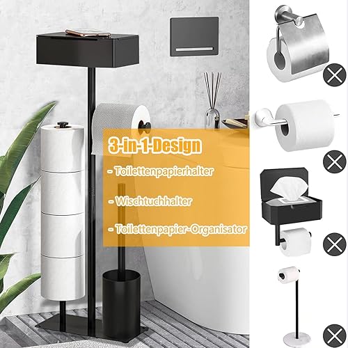 GUIGUZI Klopapierhalter Stehend mit Klobürste, Edelstahl Schwarz Toilettenpapierhalter mit Feuchttücherbox, WC Garnitur mit Toilettenpapierhalter Stehend und Toilettenbürste - Cheap-Us