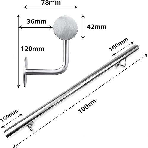 CAVATINY Edelstahl Handlauf Geländer für Treppen Brüstung Balkon - Wandhandlauf Wandhalterung - Innen und Außen Handlauf Geländer Treppengeländer Edelstahl (80CM) - Cheap-Us
