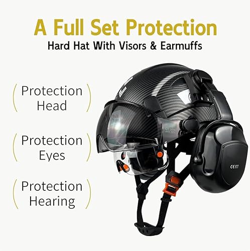 HaoYiShang Industrieller Sicherheitshelm mit Visier, Ohrenschützer, Schutzhelm mit Visier, belüftet, OSHA-zugelassen, Hardhats Bauarbeitskopfschutz, zertifiziert ANSI/ISEA Z89.1 - Cheap-Us