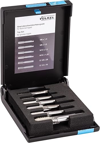 VÖLKEL Gewindeschneider-Werkzeugsatz für Schmiernippel | 6-tlg. Satz in Kunststoffbox | Profi Gewindebohrer für Schmiernippel-Gewinde | Metrische ISO-Gewinde und Rohrgewinde G (BSP) - Cheap-Us
