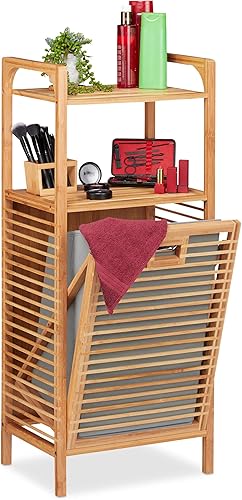 Relaxdays Badregal mit Wäschekorb, herausnehmbare Faltbox aus Stoff, Regal aus Bambus, HBT 95 x 40 x 30 cm, natur/grau - Cheap-Us