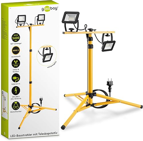 Goobay 2 x 50W Baustrahler LED mit Stativ einstellbar und 2,5m Kabel für Baustelle, Werkstatt oder Keller - IP65 Baulampe LED für Innen- & Außenbereich - Strahler 2x8500 Lumen kaltweißes Licht 6500K - Cheap-Us