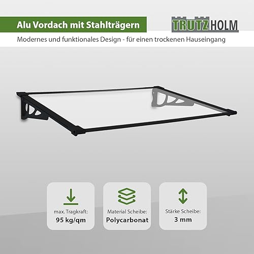 TrutzHolm® Aluminium Vordach Haustürvordach Pultvordach 150 x 90 cm Schneelast 95kg | Polycarbonatplatte | nach Auswahl (120x80 cm, schwarz) - Cheap-Us