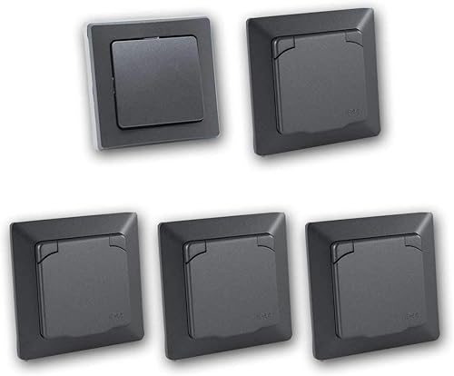 Schalter + Steckdosen Set 'Feuchtraum M', anthrazit, 5-teilig, IP44, Schalterserie Milos, Unterputz - Cheap-Us