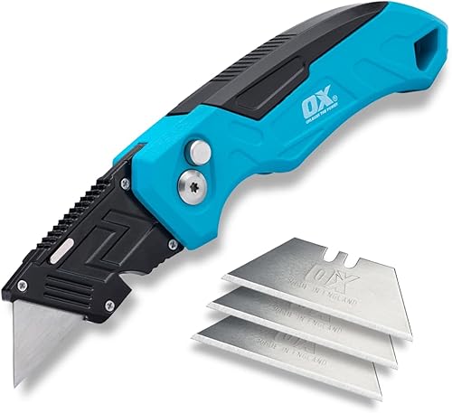 OX Tools Pro Klappmesser mit fester Klinge, robust, mit einfachem Klingenwechsel, schnell zusammenklappbar, robust, leicht, inkl. 3 Ersatzklingen - Cheap-Us