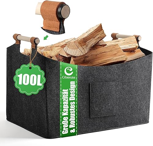 Ciberate XXXL 100L Filzkorb Holzkorb für Kaminholz Brennholzkorb Faltbare Filztasche mit rutschfester Griffe und Fronttasche Feuerholzkorb als Aufbewahrungskorb für Holz, Einkauf (60x40x40cm) - Cheap-Us