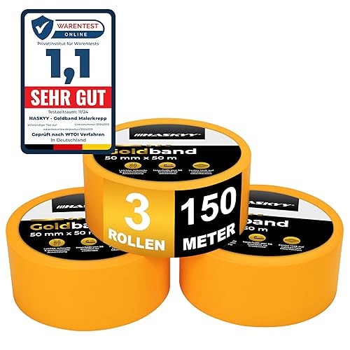 HASKYY Goldband Malerkrepp Kreppband 3x Malerband 50mm x 50m Profi Abdeckband Malertape Klebeband Washi Tape Gold Papiertape Selbstklebend - Cheap-Us