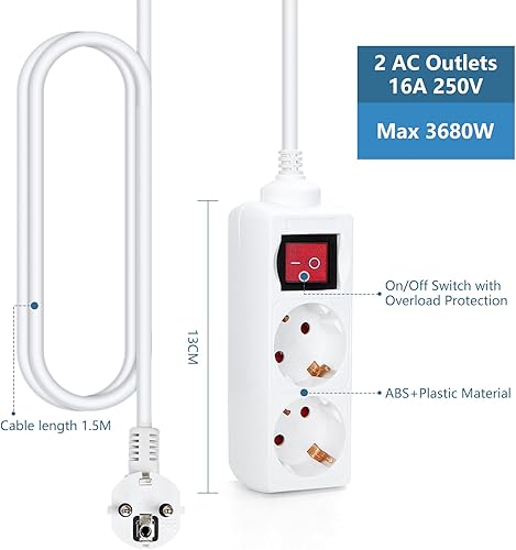 Aigostar Steckdosenleiste 2-fach mit Schalter Tischsteckdose Kindersicherung 3g1.0m㎡ 1.5 m Kabel, Weiß - Cheap-Us