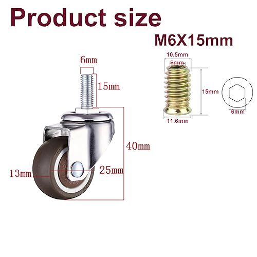 GEOCANG 4 Stück 25mm Lenkrollen Rollen für Möbel M6x15mm mit Gewinde Weichgummi TPE Gewinde Mini Möbelrollen Geeignet für Möbel,Blumenständer(25 mm - 4 Ohne Bremsen) - Cheap-Us