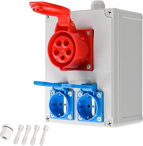 TEOV Kombi Wandsteckdose, CEE-Steckdose 5 polig 16A 400V + 2x Schuko-Steckdose 220V, IP44 Wandsteckdose mit Abdeckung - Cheap-Us