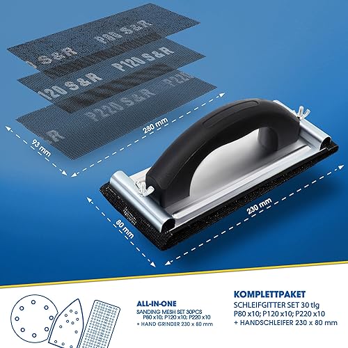 S&R Trockenbau Schleifgitter Set, 30 Gitterleinen Schleifblätter (je 10 x P80, P120, P220), 280 x 93 mm, mit Handschleifer 240 x 80 mm, robustes Siliziumkarbid Korn, ideal für Rigips, Holz, Metall - Cheap-Us
