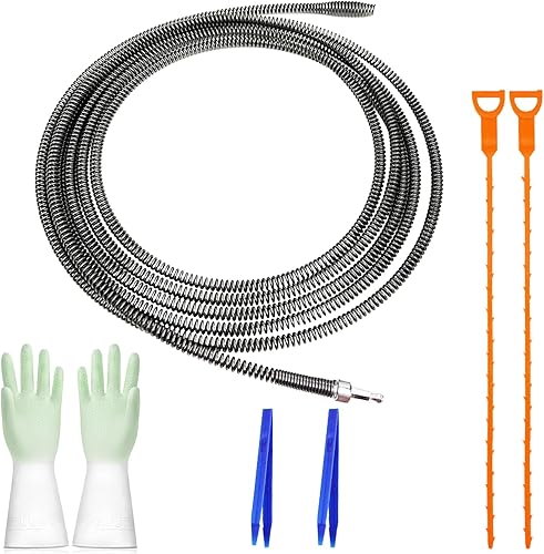 Rohrreinigungsspirale 5m x ø 10mm, Abflussreiniger Spirale Abfluss Rohrreinigung mit Manuellen Adaptern Handschuhe 2 Pinzette, Universal Multifunktionale Abflussspirale für Hartnäckige Verstopfungen - Cheap-Us