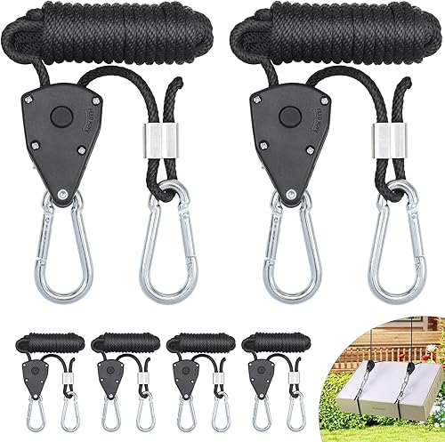Hejo 6 Stück Ratchet Hangers, 1/8 Zoll Seilratsche mit Haken, 2,4 m Verstellbare Seilzugratsche für Sonnensegel Seilspanner, Windfestes Seil für Camping, Licht, Zimmerpflanzen (Schwarz) - Cheap-Us