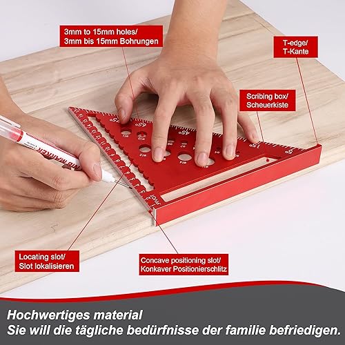 FEETE Zimmermannswinkel Set,180mm Dreieckslineal+ 300mm winkelmesser Anschlagwinkel,Multifunktionales Aluminium Winkellineal 45 und 90 grad winkel für DIY,Holzbearbeitung und Heimarbeit (Rot) L Rafter - Cheap-Us